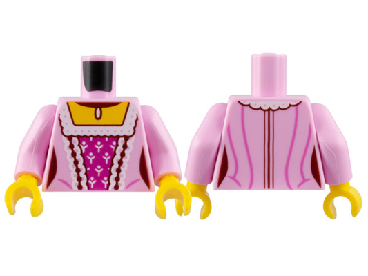 973pb4976c01 | Torso Female Dress, Yellow Neck, White and Dark Red Laces, Dark Pink Stripes, Magenta Center Panel Pattern / Bright Pink Arms / Yellow Hands | LEGOPART