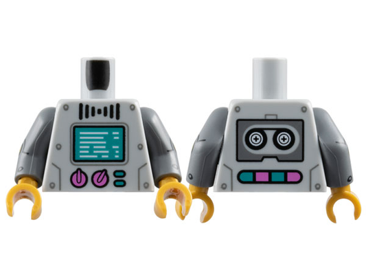 973pb5642c01 | Torso Robot with Dark Bluish Gray Rivets, Dark Turquoise Screen and Buttons, Dark Pink Dials, Black Tape Reels on Back Pattern / Dark Bluish Gray Arms with Gold Circles, Black Rivets and Lines with Arcs Pattern / Pearl Gold Hands | LEGOPART