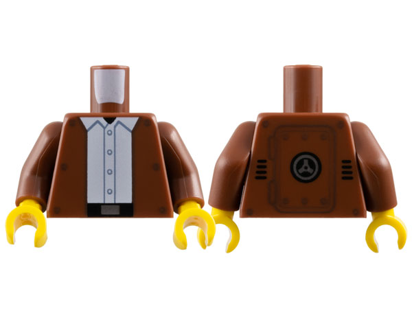 973pb5645c01 | Torso Jacket Open with Dark Brown Rivets over White Shirt with Buttons, Black Belt with Silver Buckle, Hinged Panel on Back Pattern / Reddish Brown Arms / Yellow Hands | LEGOPART