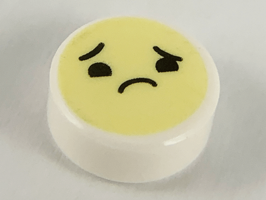 98138pb137 | Tile, Round 1 x 1 with Emoji, Bright Light Yellow Face, Worried with Raised Right Eyebrow Pattern | LEGOPART