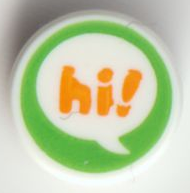 98138pb240 | Tile, Round 1 x 1 with Bright Light Orange 'hi!' in Speech Bubble on Bright Green Background Pattern | LEGOPART