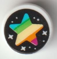 98138pb250 | Tile, Round 1 x 1 with Stars and Rainbow Star on Black Background Pattern | LEGOPART