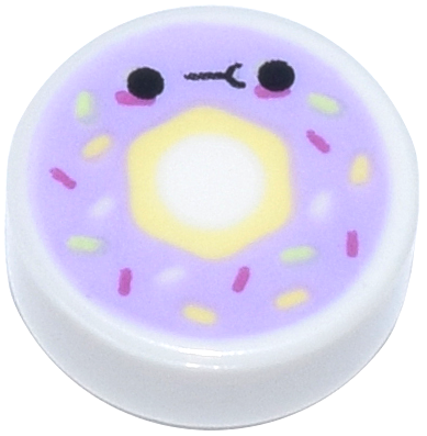 98138pb275 | Tile, Round 1 x 1 with Donut / Doughnut with Lavender Frosting, Sprinkles, and Black Eyes and Mouth Pattern | LEGOPART