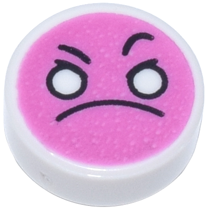 98138pb277 | Tile, Round 1 x 1 with Emoji, Dark Pink Angry Face, White Eyes, and Black Frown and Eyebrows Pattern | LEGOPART