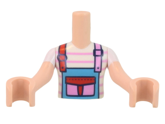 FTGpb364c01 | Torso Mini Doll Girl White and Bright Pink Striped Shirt, Medium Azure Apron Pattern, Light Nougat Arms with Hands with White Short Sleeves | LEGOPART