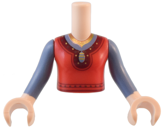 FTGpb445c01 | Torso Mini Doll Girl Red Top with Dark Red Hem, Gold Collar and Sparkles Pattern, Light Nougat Arms and Hands with Sand Blue Long Sleeves | LEGOPART