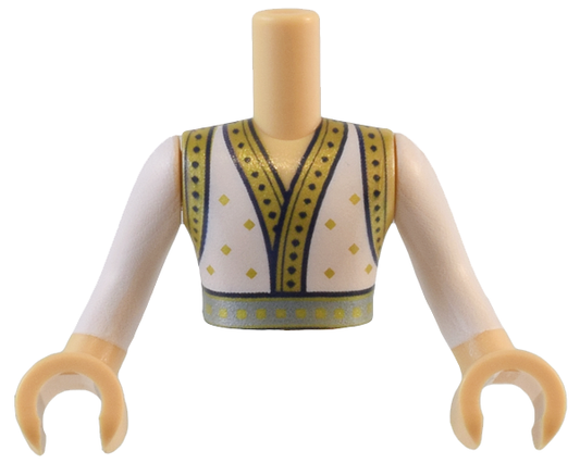 FTMpb078c01 | Torso Mini Doll Man Robe with Gold and Black Trim and Sparkles and Metallic Light Blue Belt Pattern, Medium Tan Arms and Hands with White Long Sleeves | LEGOPART