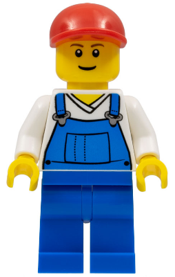 Overalls Blue over V-Neck Shirt, Blue Legs, Red Short Bill Cap LEGO cty0202 | Fyrebrick.be