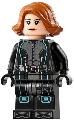 Black Widow - Black Jumpsuit, Dark Orange Short Hair, Printed Legs, Metallic Light Blue Trim LEGO sh0881